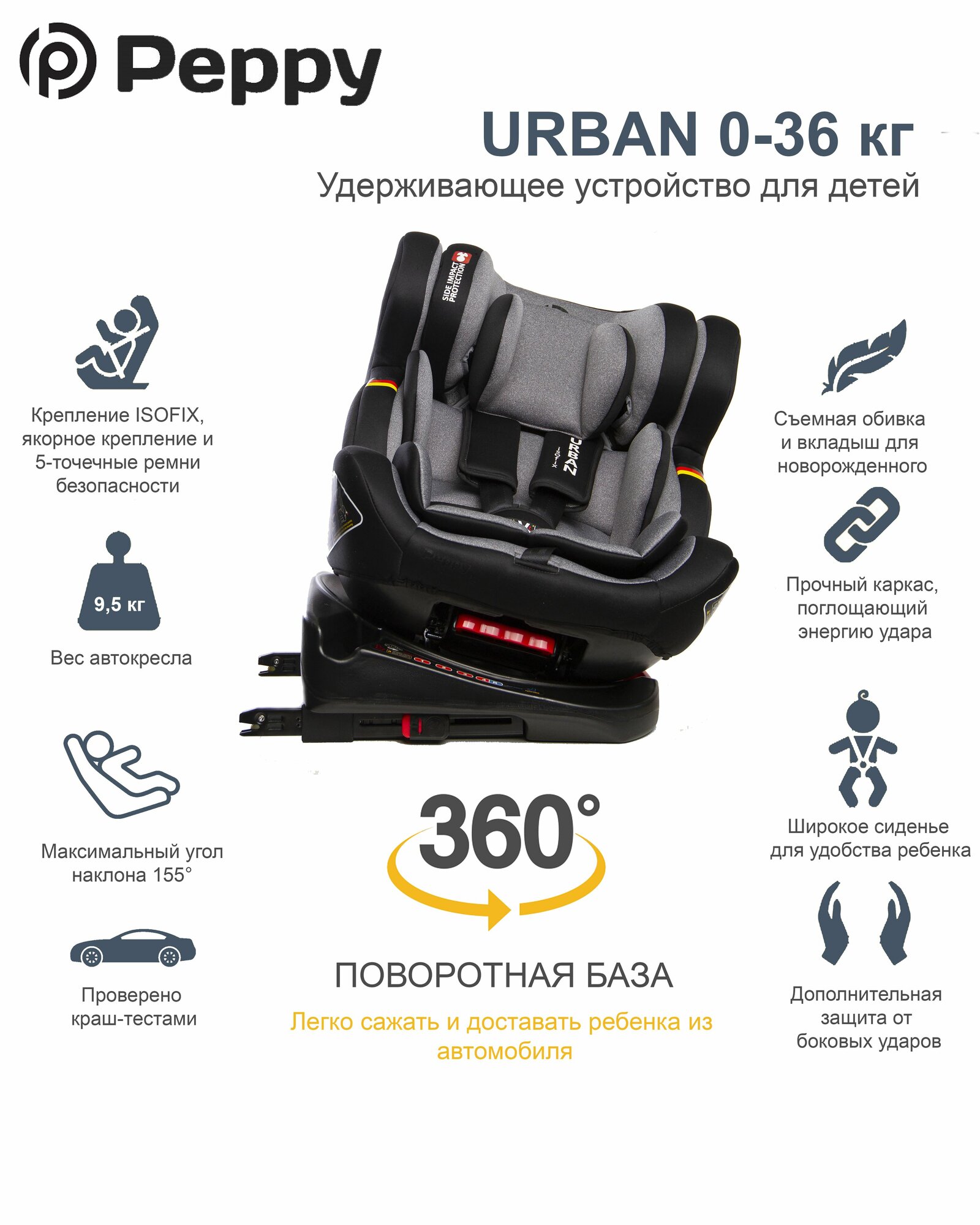 Автокресло 0-36 с вращением и козырьком Peppy Urban Isofix с рождения до 12 лет Gold black (GM0932) — фото 1