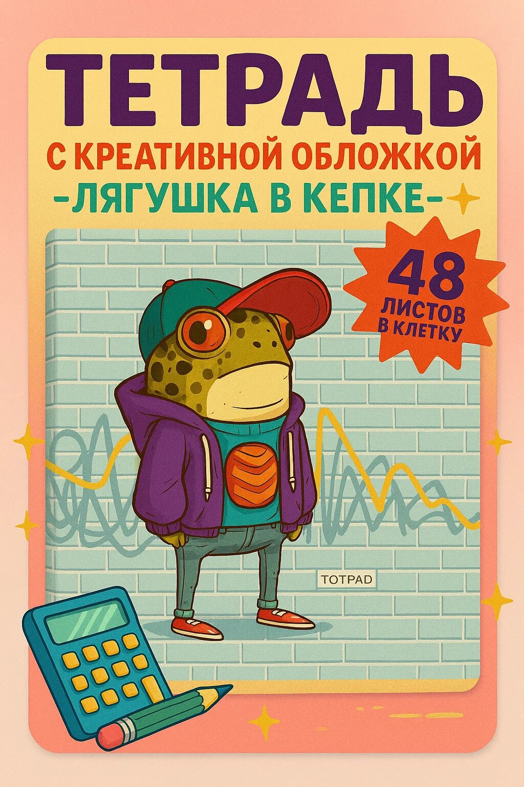 Тетрадь с креативной обложкой «Лягушка в кепке» • 48 листов в клетку