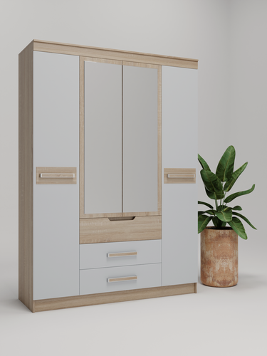 Изображение товара Шкаф для одежды распашной четырех створчатый с зеркалом, с ящиками, Домино сонома/белый лофт