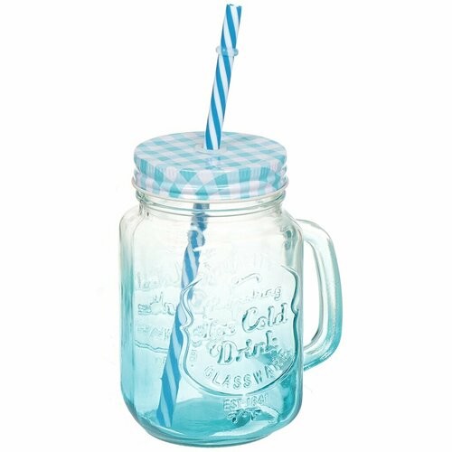 Банка для напитковсмузи стекло 450 мл с крышкой с трубочкой SDFG0114-1 синяя 867₽