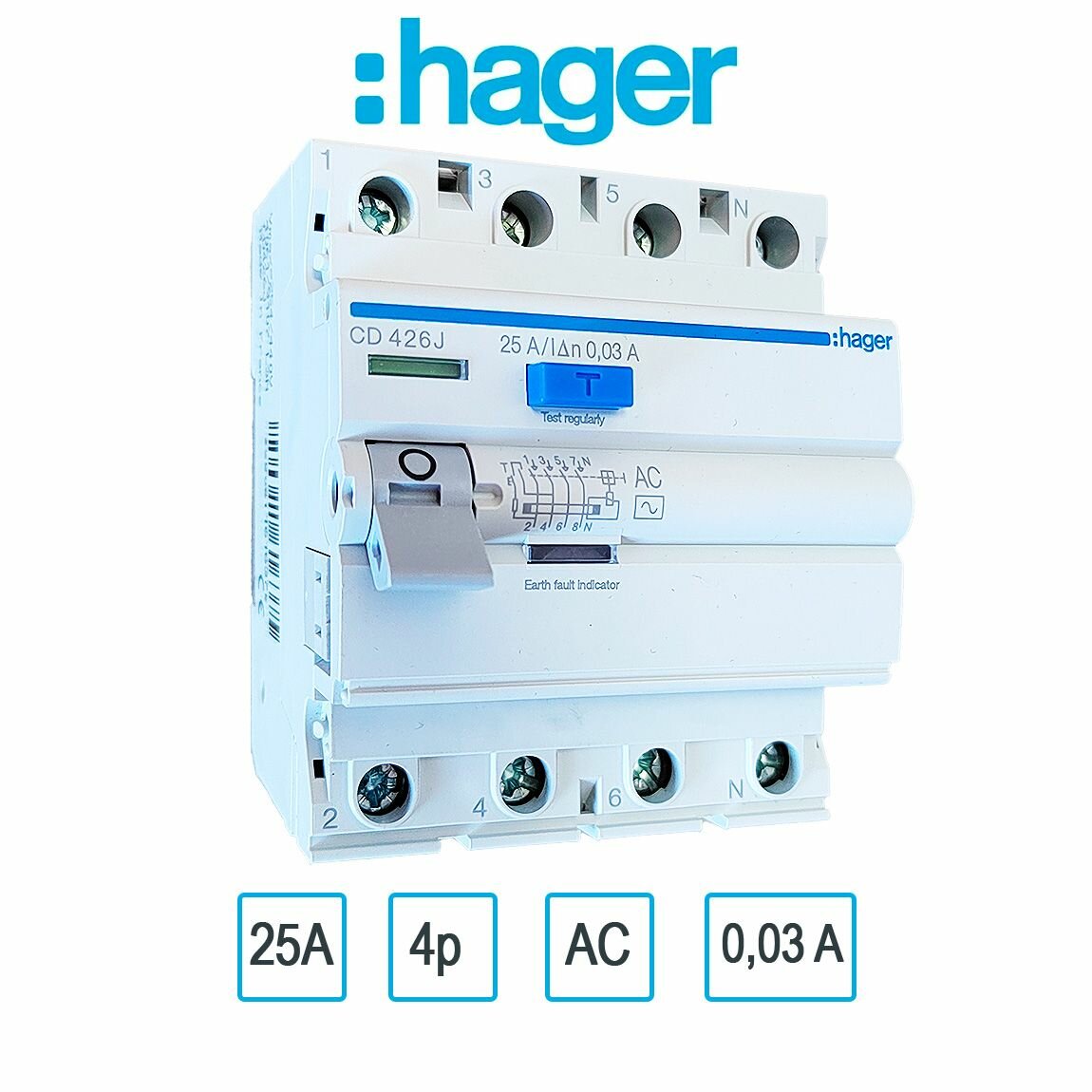 УЗО 25A 30 mA 4P тип AC Hager CD426J