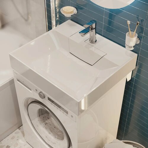 Изображение товара Раковина над стиральной машиной STWORKI Дублин 60x55 на кронштейнах, белая, глянцевая, раковина для ванной из литьевого мрамора, квадратная, со скрытым сливом
