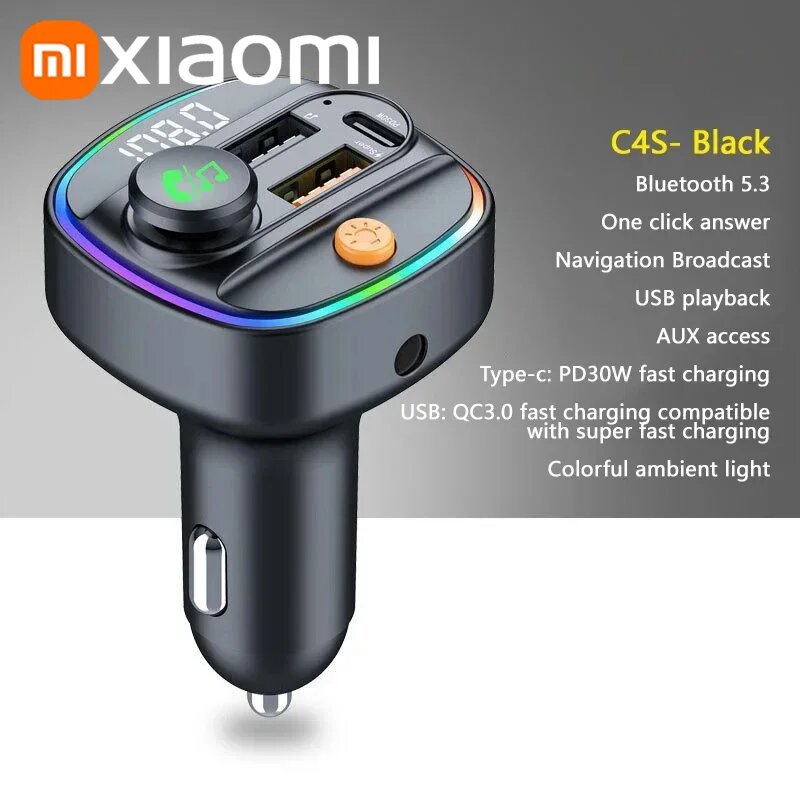 FM-передатчик Xiaomi Bluetooth 5,3 Автомобильный AUX-радио модулятор громкой связи MP3-плеер с адаптером быстрой зарядки Автоаксессуары, C4S Black