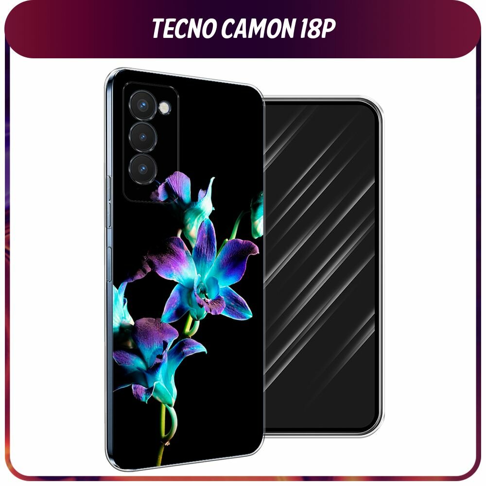 Чехол на Tecno Camon 18P / Техно Камон 18Р с принтом "Синий цветок на черном"