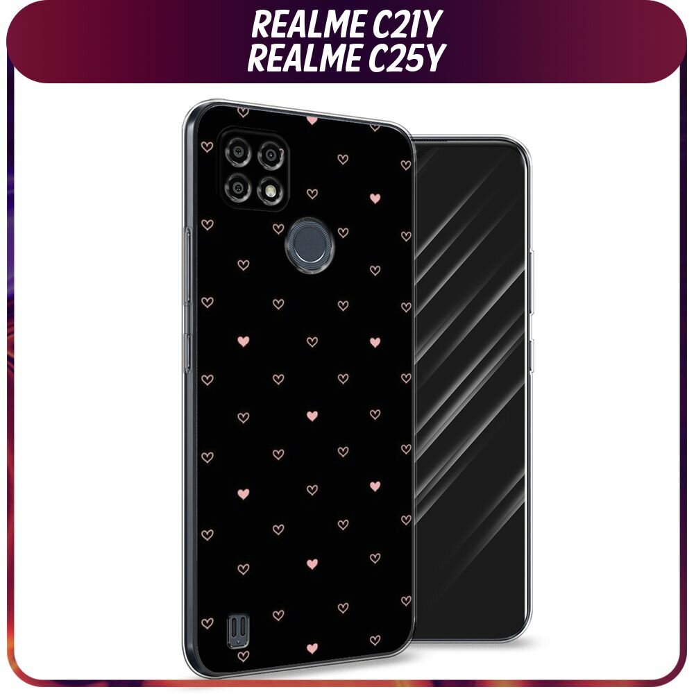Чехол на Realme C21Y/C25Y / Реалми C21Y/C25Y с принтом "Черный фон и сердечки"