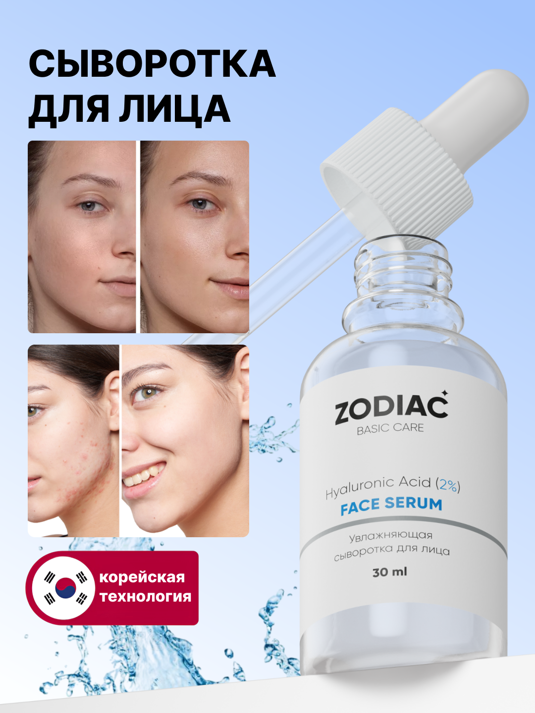 Увлажняющая сыворотка для лица ZODIAC, гиалуроновая кислота, ниацинамид, против акне 30 мл