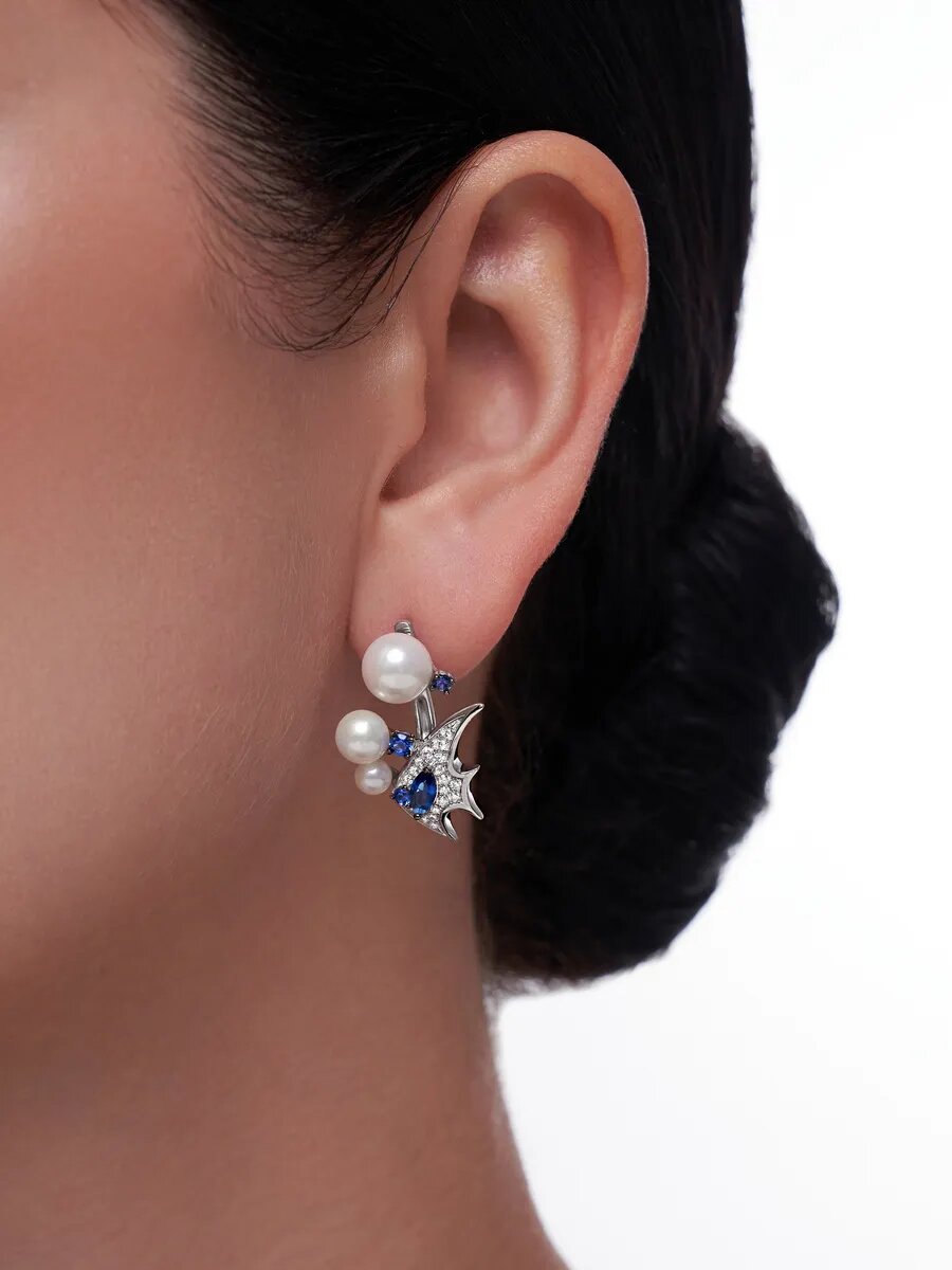 Серьги двусторонние, серебро, 925 проба, жемчуг культивированный, фианит