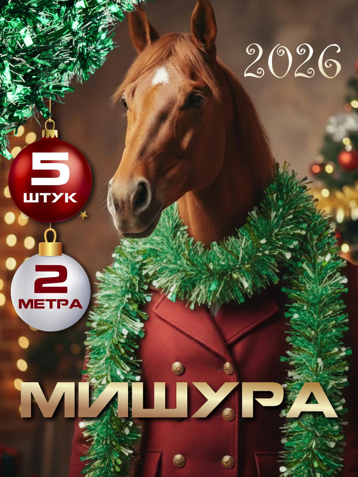 Мишура новогодняя пушистая и яркая D90мм длина 2м зеленая 5 шт.