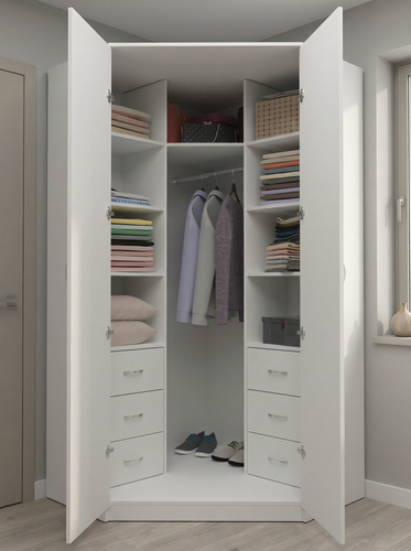 Изображение товара Шкаф угловой распашной Анри-3 с 6 ящиками, 9 полками и штангой для вешалок, белый