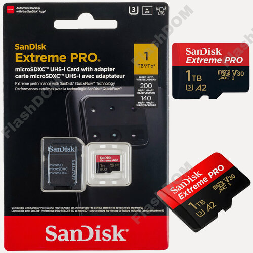 Изображение товара Карта памяти SanDisk Extreme PRO microSDXC 1 ТБ Class 10 UHS-I U3, V30, A2 (R/W 200/140 Mb/s) + SD адаптер