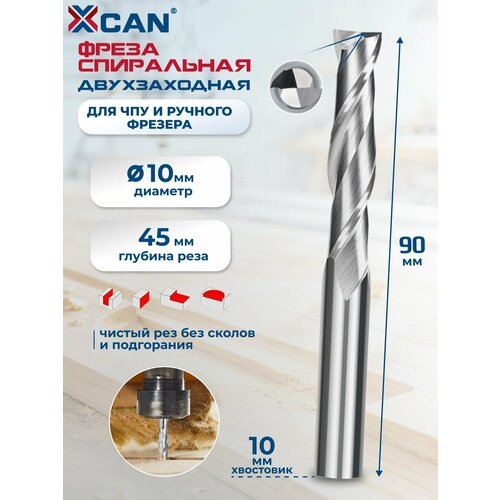 фото Фреза концевая по дереву двухзаходная 10х10х45х90 мм xcan