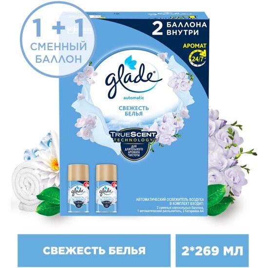 Автоматический освежитель воздуха Glade Automatic Свежесть белья основной блок 2 сменных баллона 2*269 мл
