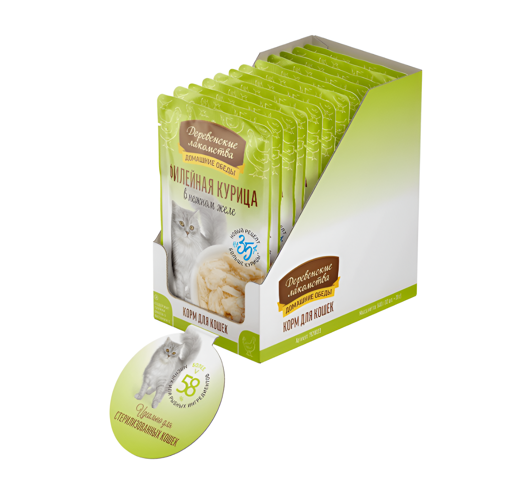 Деревенские лакомства Домашние обеды консервы для кошек филейная курица в нежном желе пауч 70 г х 12 шт