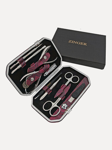 Изображение товара Маникюрный набор Zinger MSFE-804, 10 предметов, с книпсером, медицинская сталь, натуральная кожа, бордовый питон
