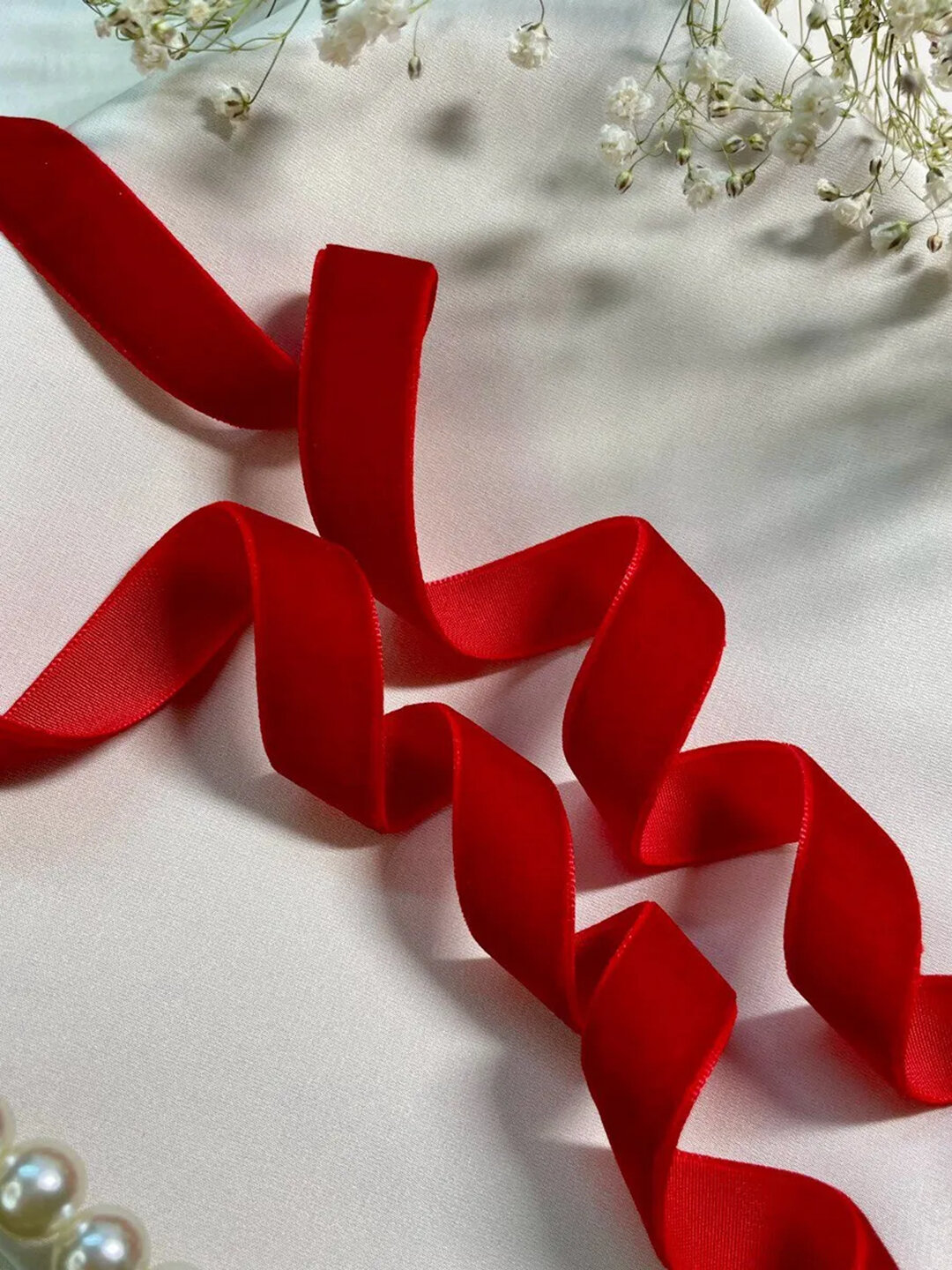 Лента бархатная, с люрексом для упаковки подарков - Алый,3 м,10 мм — фото 1