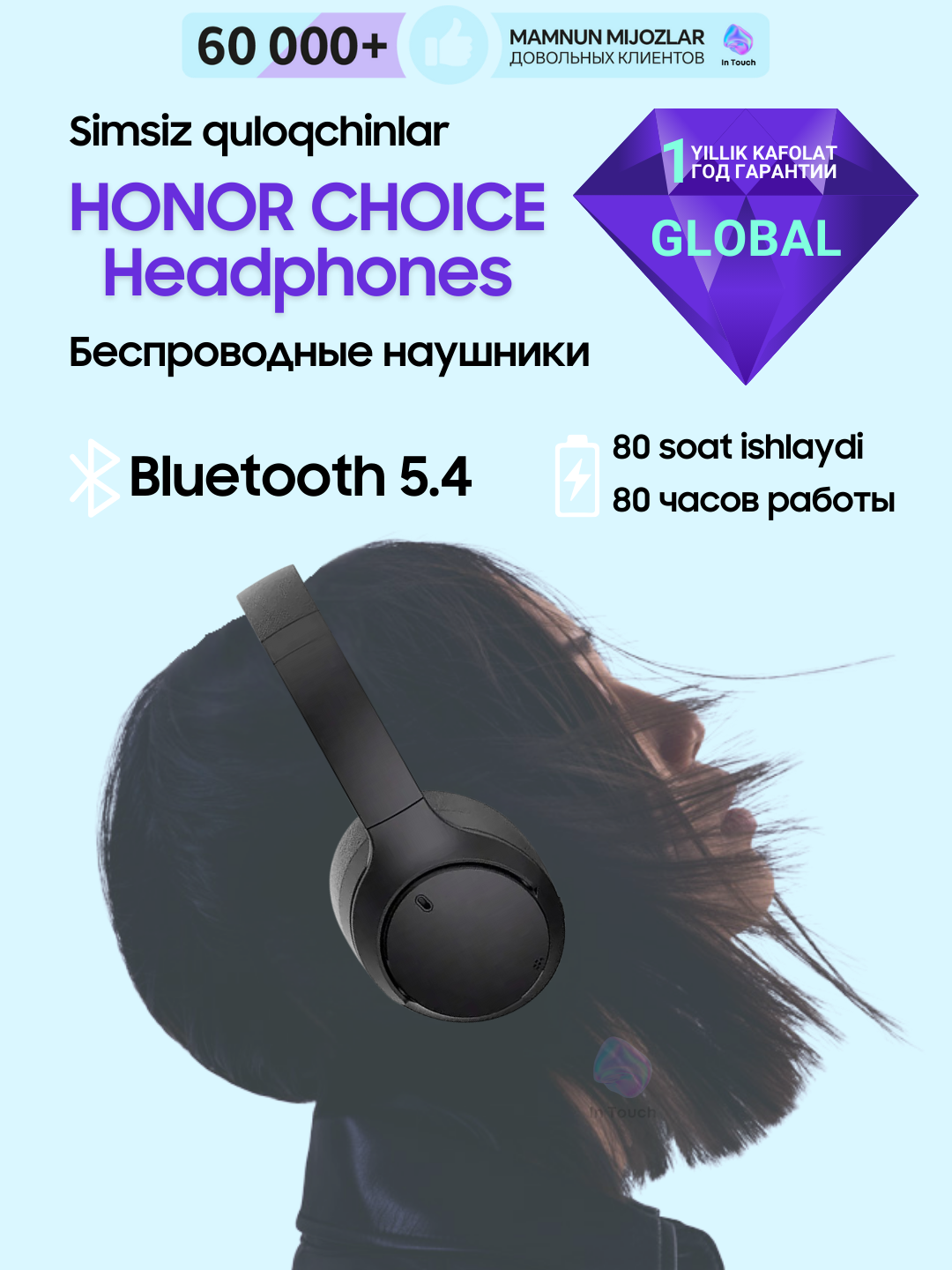 Накладные наушники Honor Choice Headphones полноразмерные, беспроводные с микрофоном, Bluetooth 5.4, шумоподавление