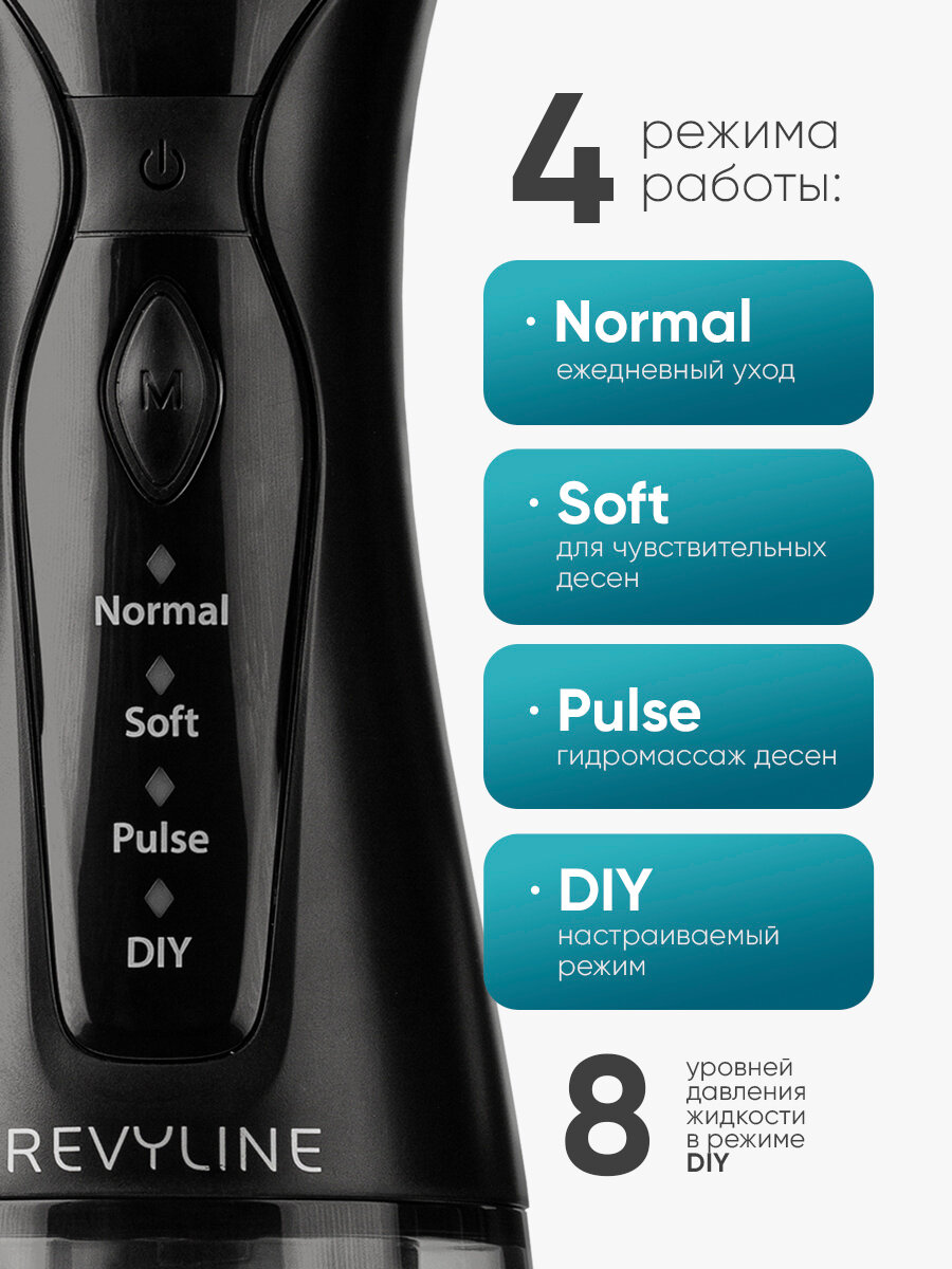 Ирригатор для зубов и десен Revyline RL 220 портативный черный, 2 насадки, для полости рта, для имплантов, для брекетов — фото 1