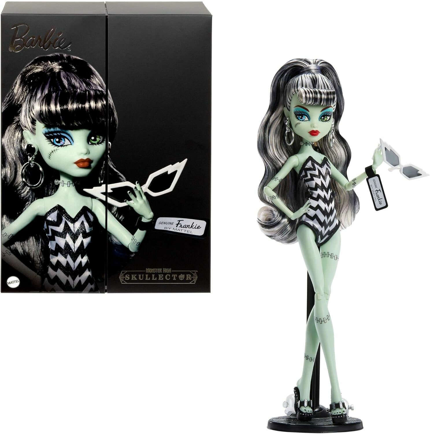 Monster High x Barbie Frankie Stein: коллекционная, купальник 1959, платье Solo in the Spotlight, подставка, COA