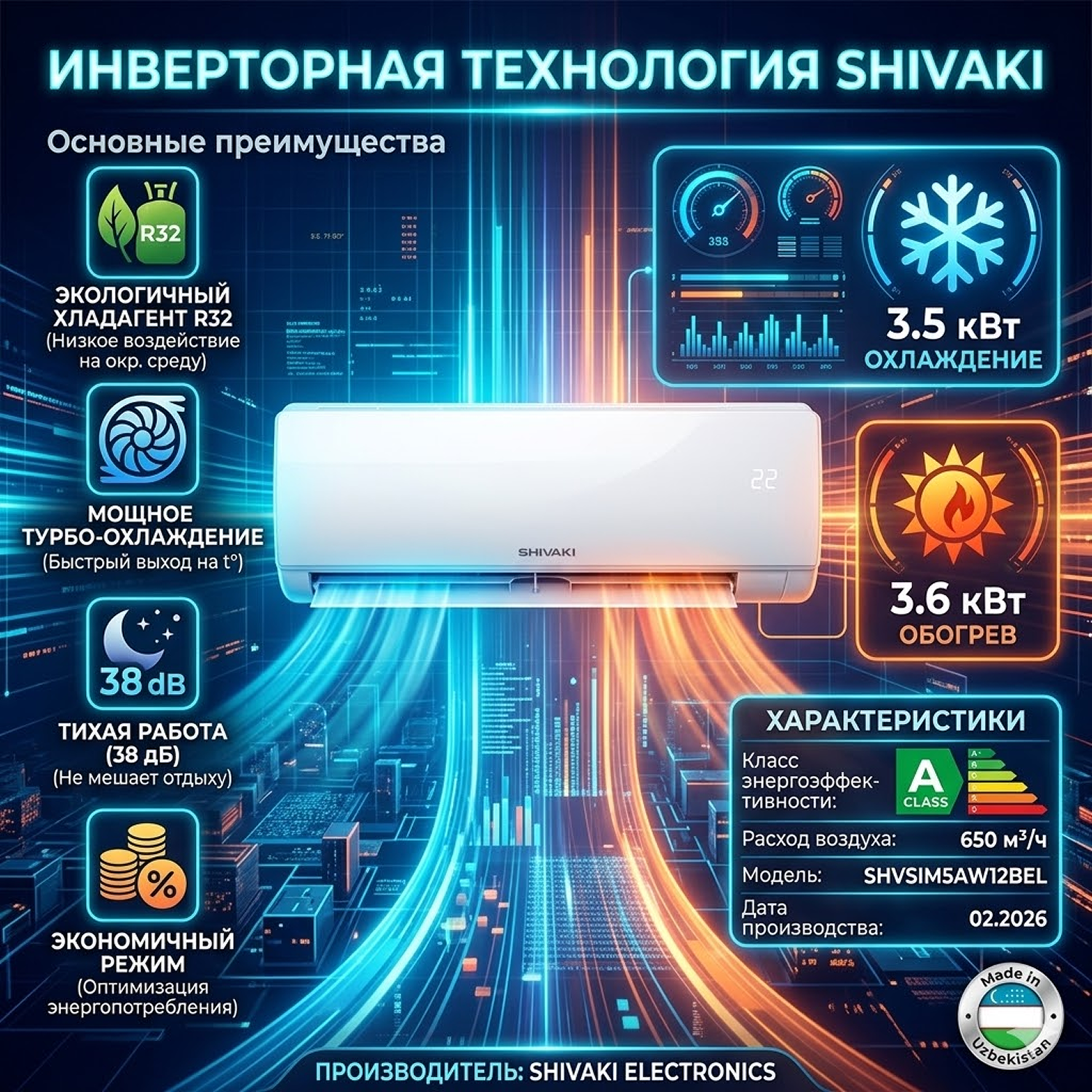 Кондиционер Shivaki SHVSIM5AW12BE Elegant Inverter Freon 32R. энергоэффективности A++ охлаждение, обогрев,
