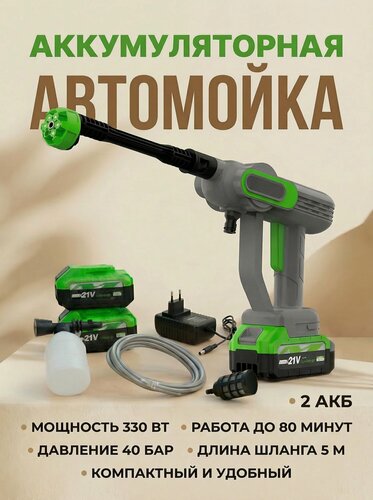 Изображение товара Мойка высокого давления аккумуляторная для автомобиля в кейсе, два аккумулятора 18,5 В, мини мойка с пистолетом