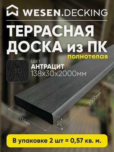 Изображение товара Террасная доска полимерная 138х30х2000 мм, Антрацит, 2 шт
