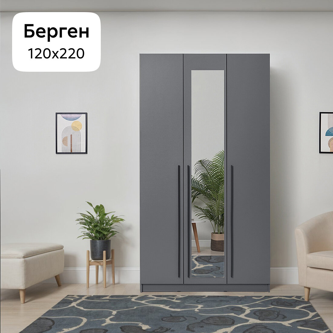 Шкаф для одежды с зеркалом и полками распашной Нонтон Берген, серый графит, 120х52х220 см