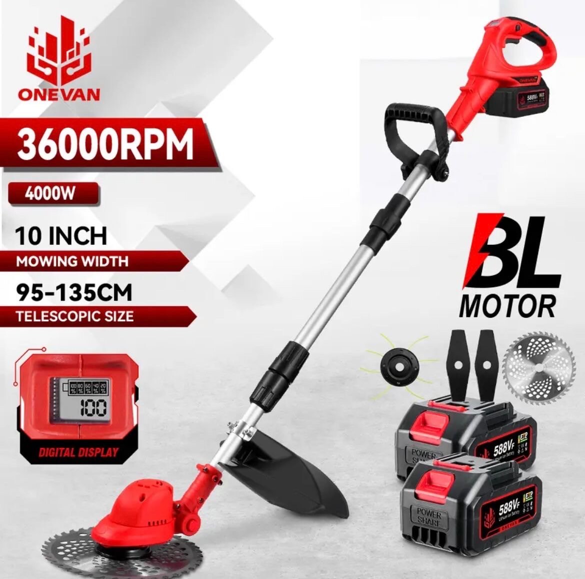 10 - дюймовая бесщеточная электрическая газонокосилка ONEVAN 36000 RPM Беспроводная газонокосилка с регулируемой длиной садовых электрических инструментов для батарей 18 В