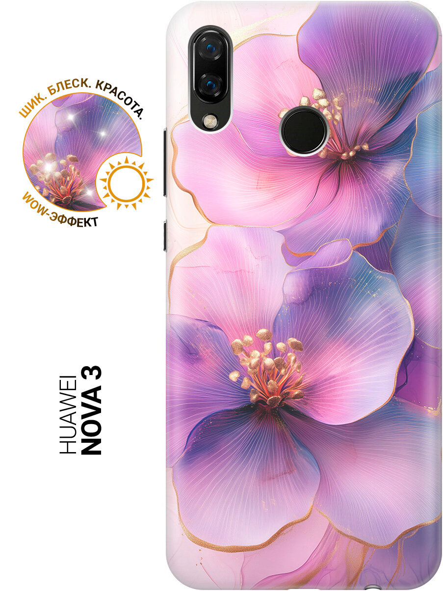 Силиконовый чехол на Huawei Nova 3 с принтом "Сиреневые цветы и золото"