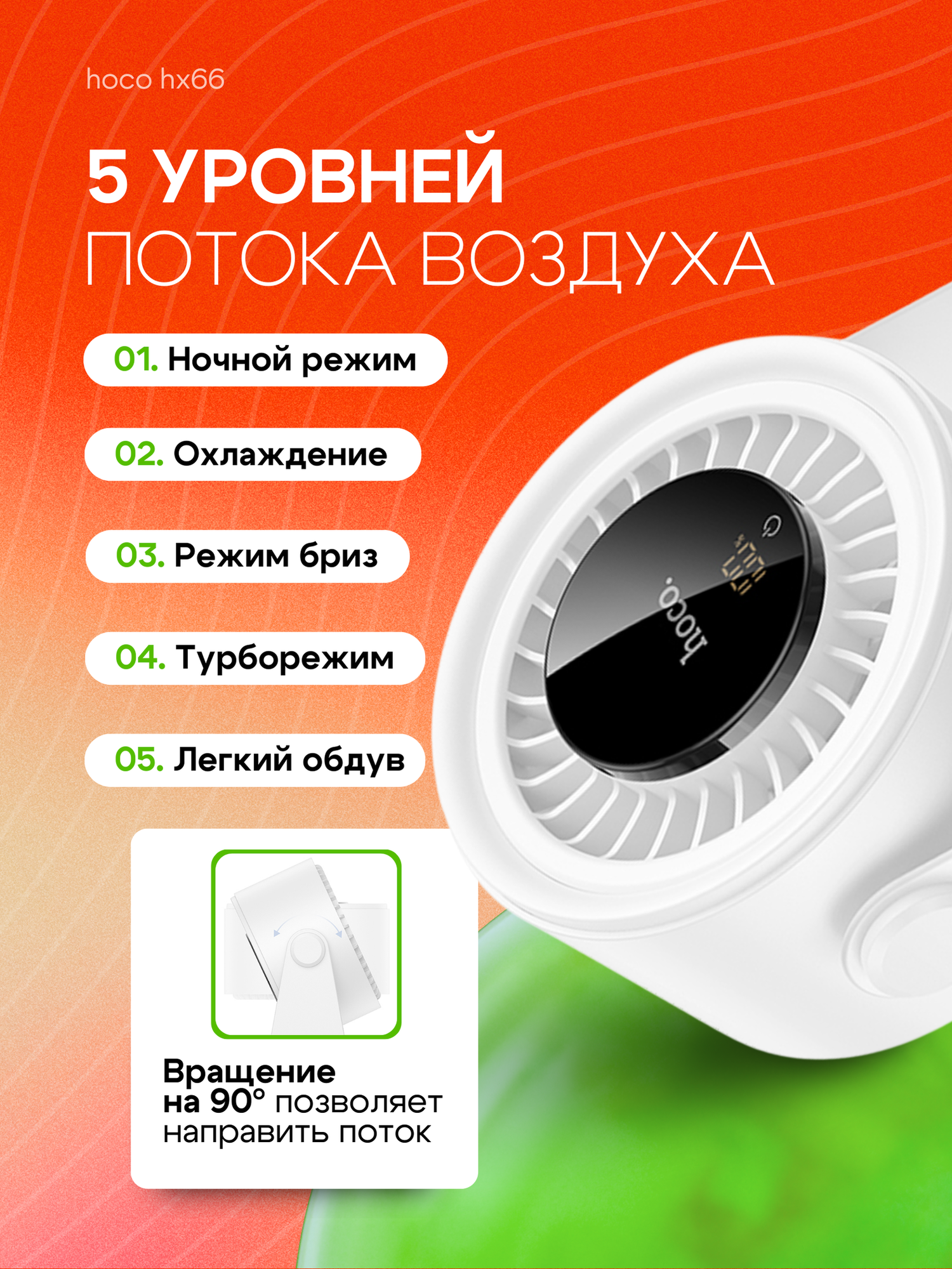 Настольный портативный вентилятор Hoco HX66 Desktop Circulating Fan, 3000 mAh, 5.3W, LED display, Белый — фото 1