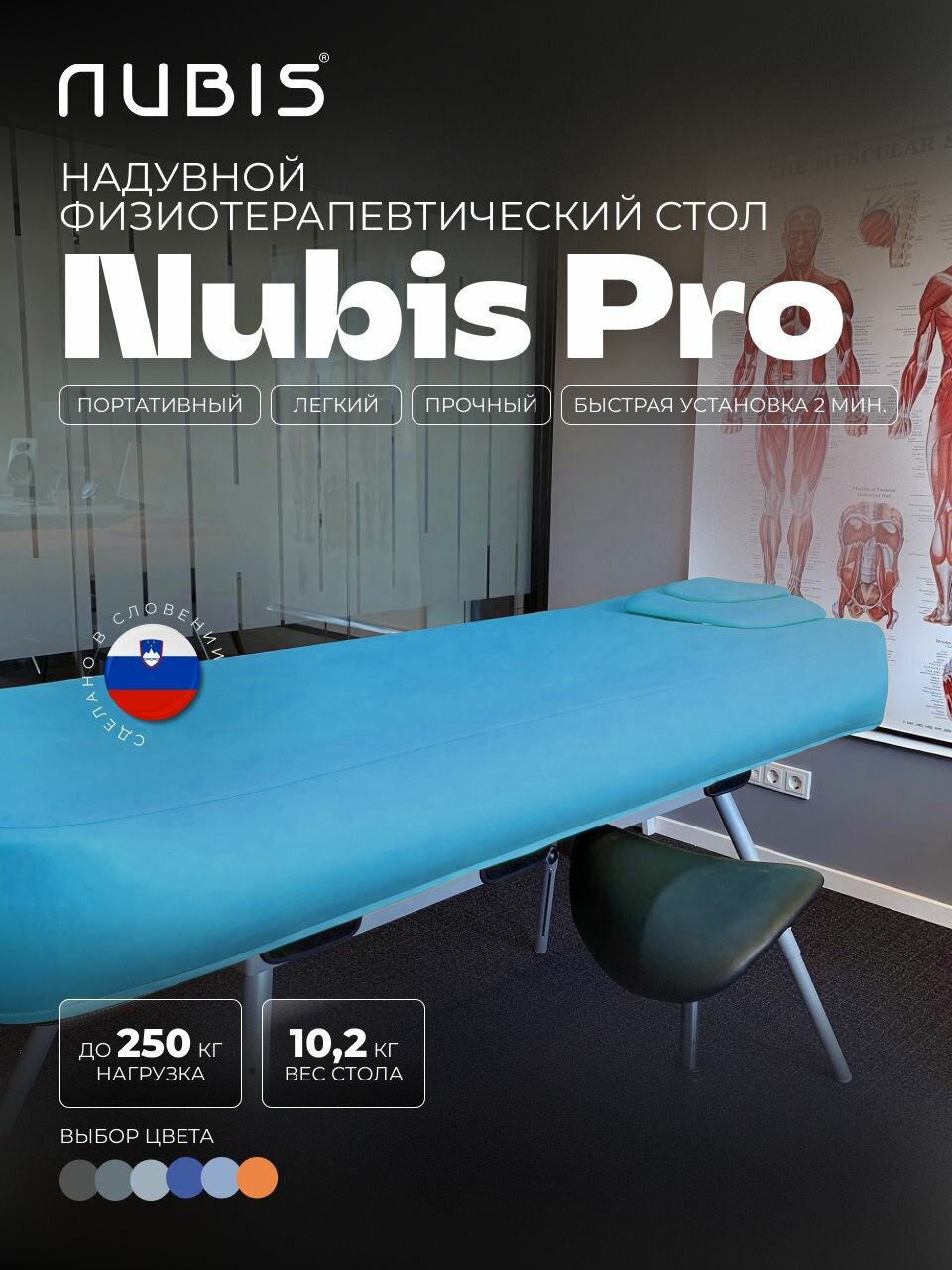 Надувной физиотерапевтический стол NUBIS PRO LIGHT BLUE светло-голубой, 10.2 кг. Комплект с электрическим насосом, вырезом для лица и подголовником