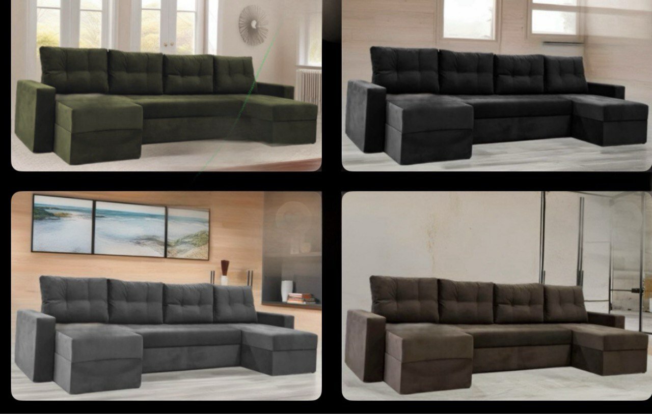 Большой-раскладной п-образный диван для всей семьи серый велюр Кабрио, 295 х 140 х 80 см. — фото 1