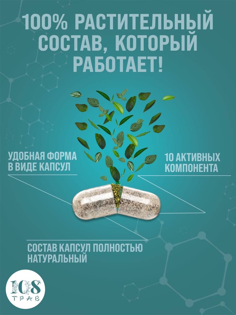 Изображение Мочегонное средство Фитомочегон Плюс, от отеков, от цистита, от камней в почках / 108 трав, 60 капсул.
