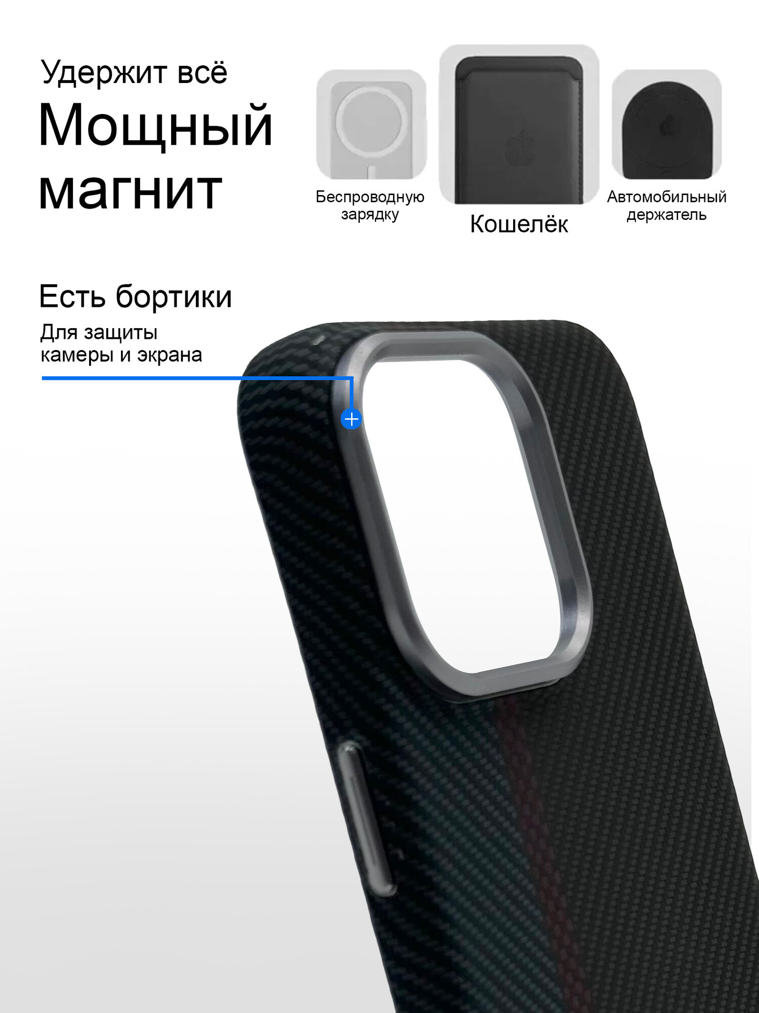 Чехол на Айфон 15 Pro Max ударопрочный, карбоновый, с поддержкой беспроводной зарядки MagSafe — фото 1
