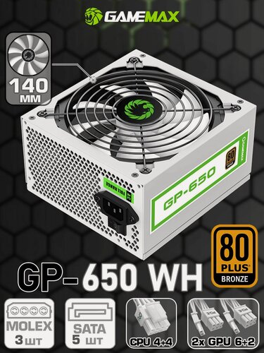 Изображение товара Блок питания GAMEMAX GP-650 White (Белый 650W Bronze 140мм 20+4pin 4+4pin(CPU) 2*6+2pin(PCI-E) 5*SATA 3*MOLEX)