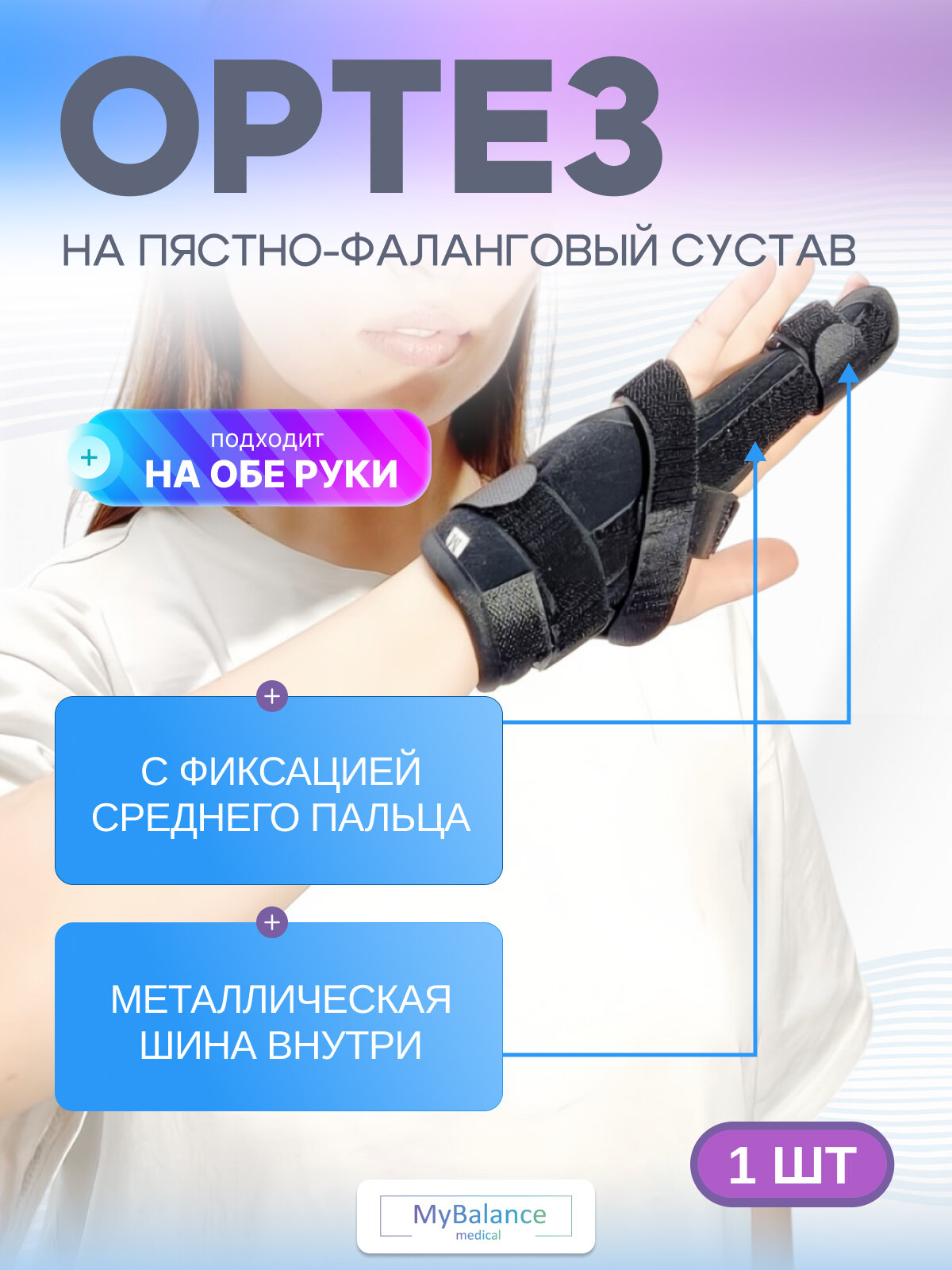 Ортез MyBalance с металлической пластиной для указательного, среднего и безымянного пальца с фиксацией лучезапястного сустава, размер L/XL — фото 1