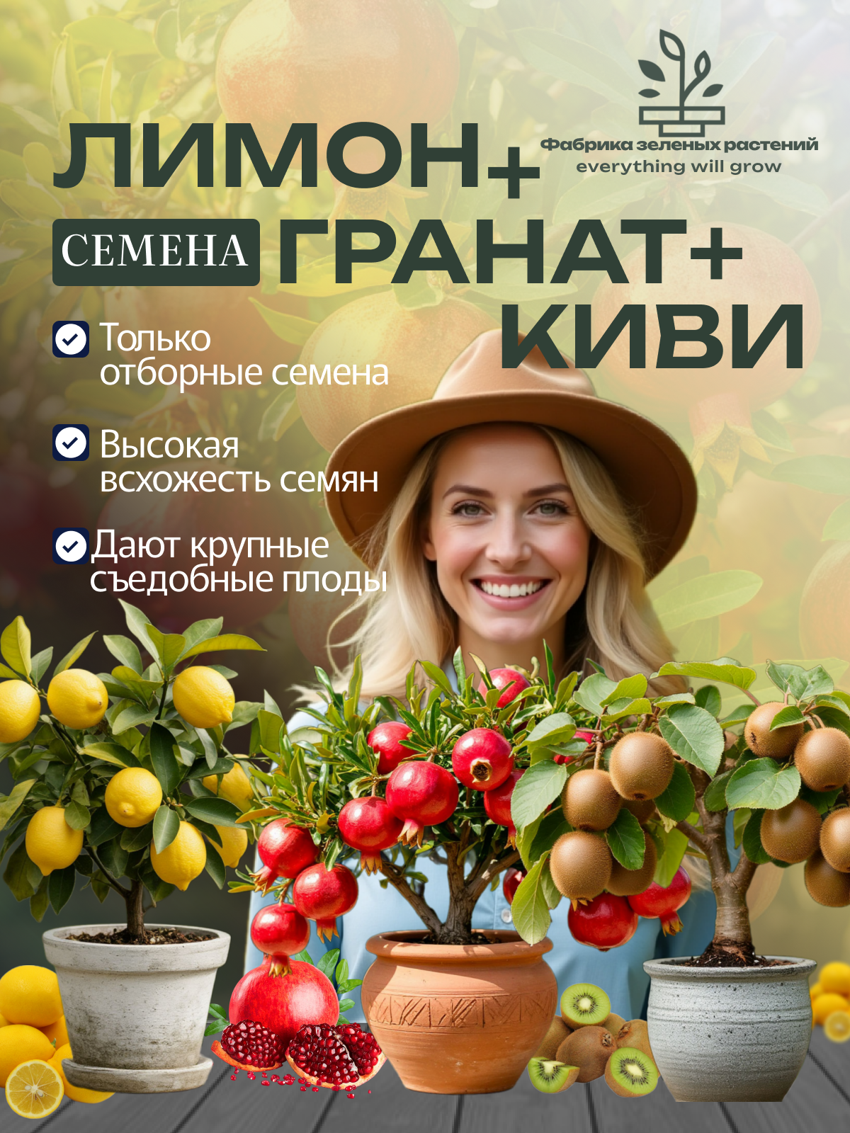 Домашний лимон семена + Гранат семена +Киви семена