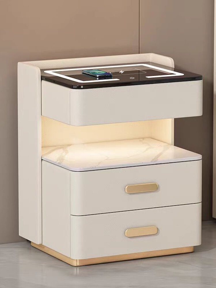 Тумба прикроватная с беспроводной зарядкой, подсветкой и встроенным сейфом, эко-кожа, МДФ, LEVELMORE, 50x40x56 см