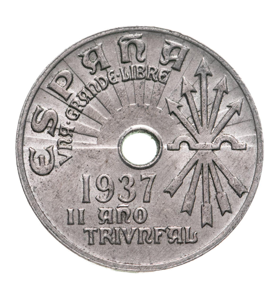 Испания 25 сентесимо 1937 "Второй триумфальный год", Мельхиор медь-никель, в сохранности XF