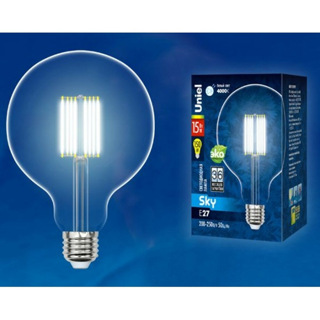 Лампа Uniel LED-G125 E27 15Вт 30000ч 1500лм 4000К шар