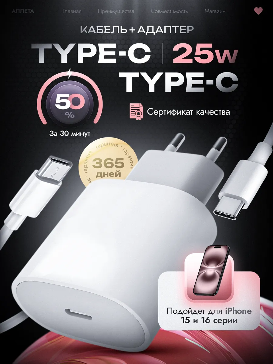 Зарядное устройство 25Вт + кабель type-c type-c/Быстрая зарядка Iphone 1516 +Android