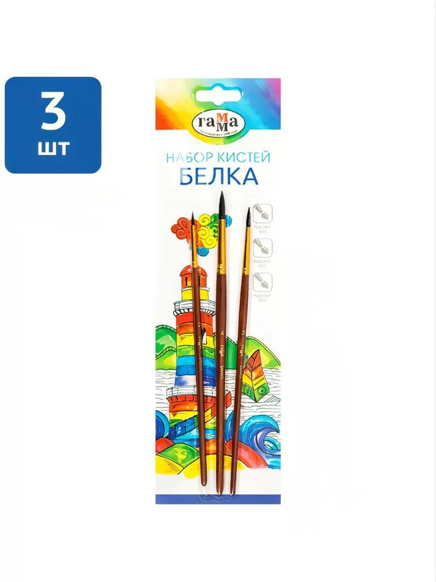 Набор кистей Гамма, 3шт, белка, круглые №2, 3, 4, блистер с европодвесом