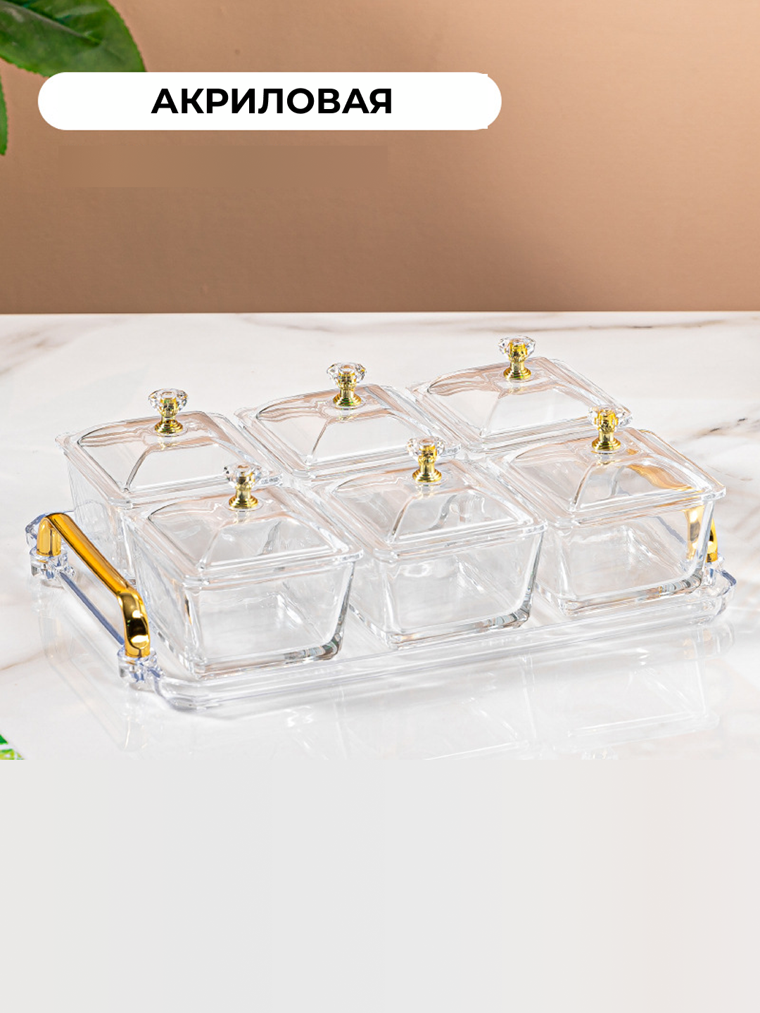 Менажница акриловая с крышкой и подставкой из акрила для сухофруктов, орехов и сладостей 6 шт — фото 1