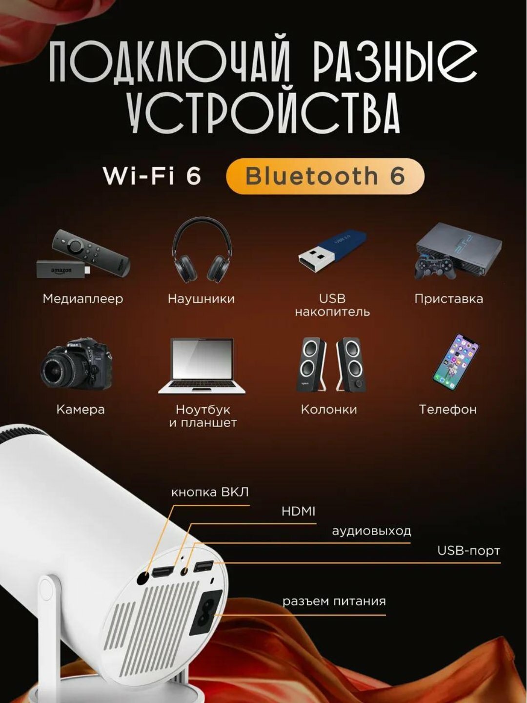 HY 300 cмарт проектор 4K FULL HD, Wi-Fi удобно носить с собой — фото 1