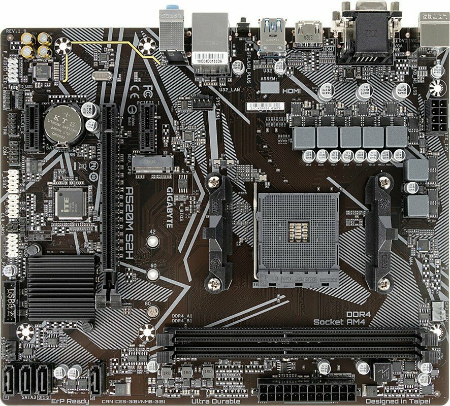 Материнская плата Gigabyte A520M S2H Soc-AM4 AMD A520 DDR4 mATX AC`97 8ch(7.1) GbLAN RAID+VGA+DVI+HD