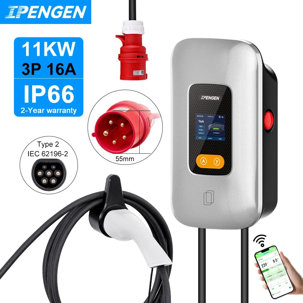 IPENGEN 11 кВт Зарядная станция для электромобилей 3 фазы 16A Зарядное устройство Type2 Управление через приложение EVSE Зарядка Wallbox Cee Plug IEC62196, 11KW NO Adapter, Тип 2