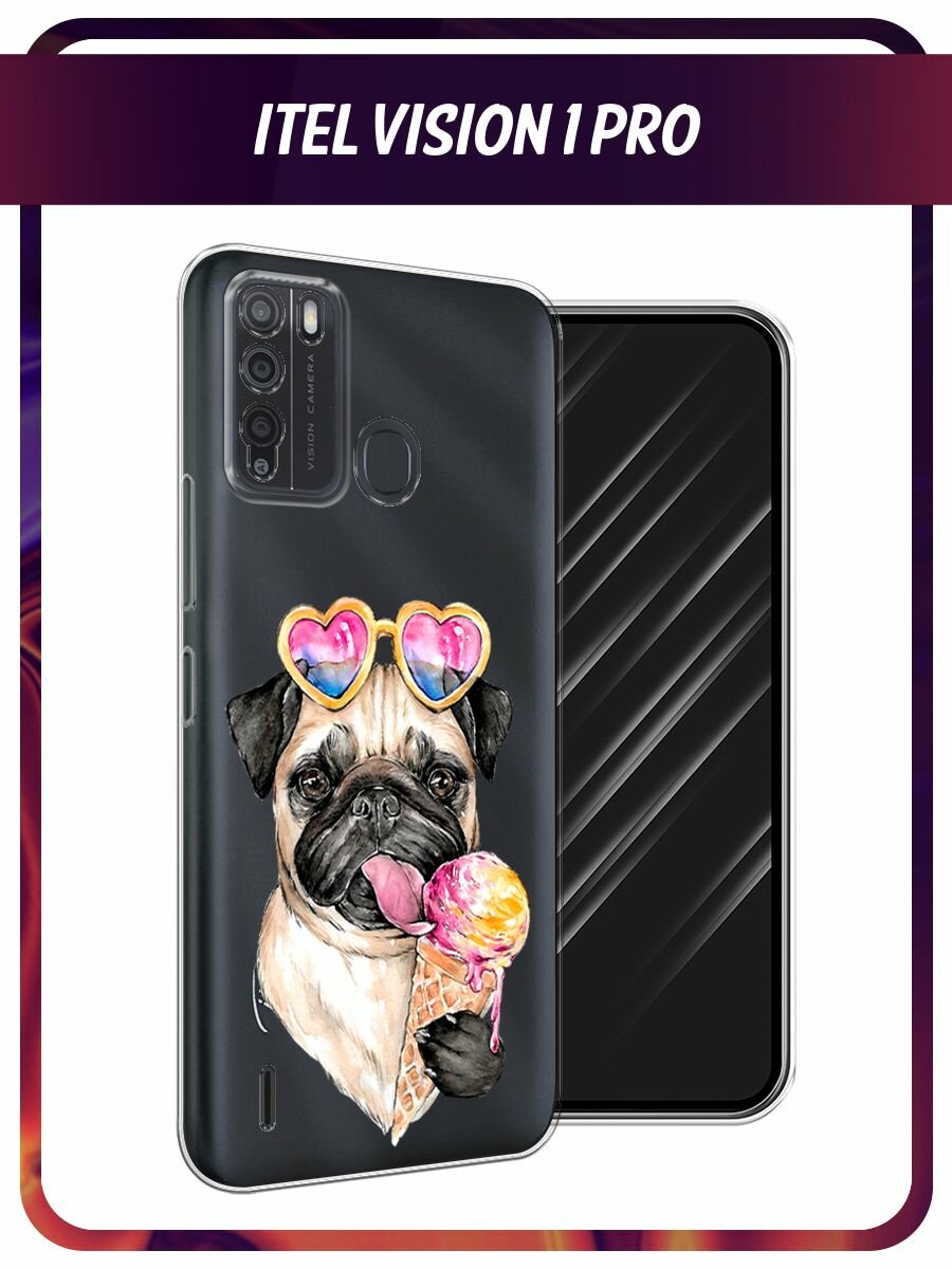 Чехол на Itel Vision 1 Pro / Ител Визион 1 Про с принтом Мопс с мороженкой, прозрачный