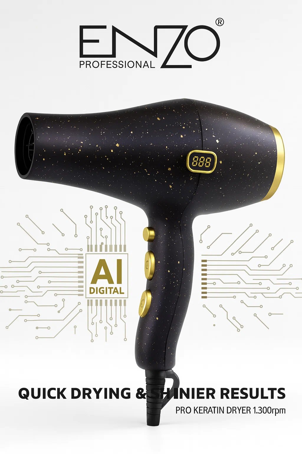 Профессиональный фен ENZO EN-6050, 13000 оборотов, AI-процесс, с цифровым дисплеем