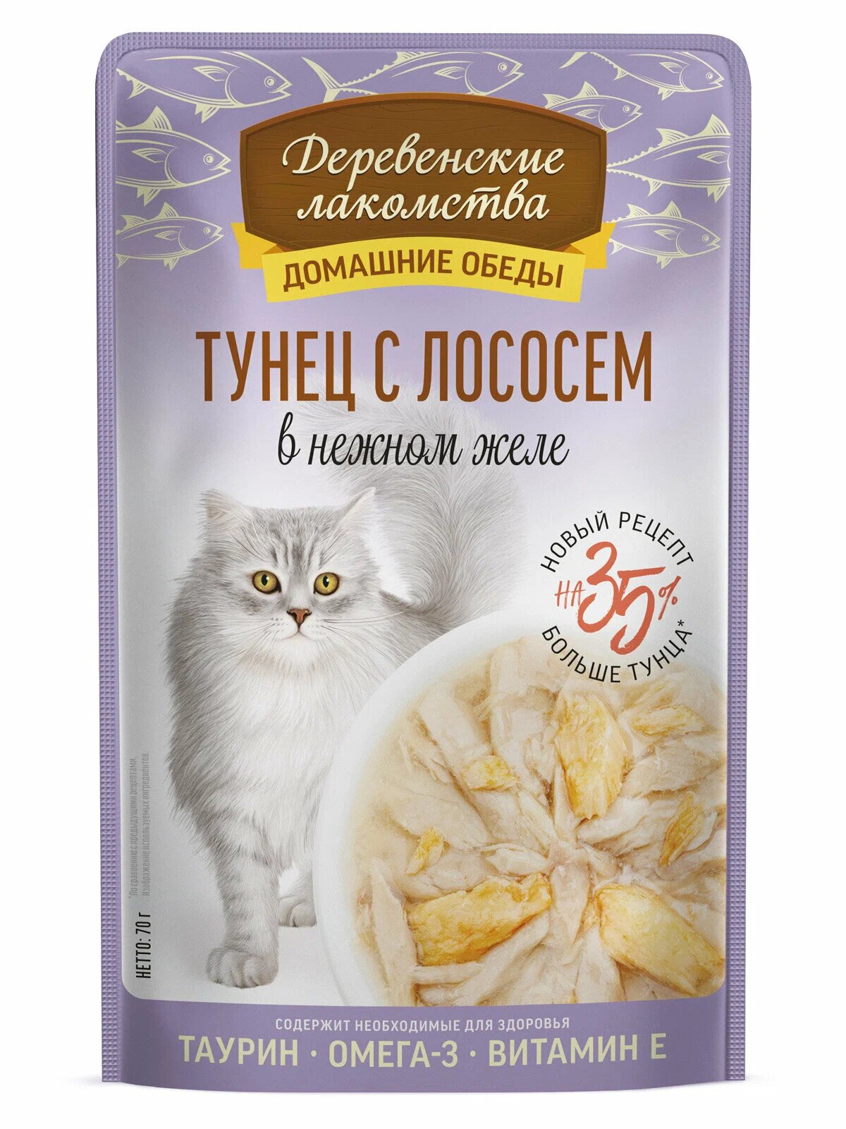 Влажный корм для кошек Деревенские лакомства Тунец с лососем в нежном желе 70 г 1 шт