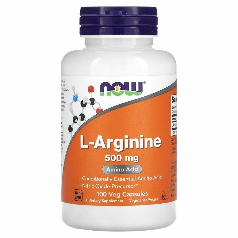Аминокислота NOW L-Arginine 500 мг, 100 растительных капсул, без вкуса