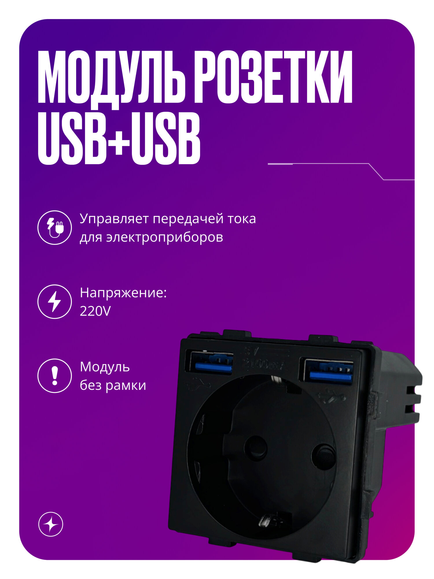 Модуль розетки с USB+USB на 16A с заземлением и шторками, для рамки, черного цвета